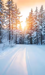 there is a road through some snowy woods