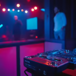 some djs at the back with lights on in the dark