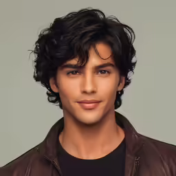 the young man is smiling and wearing a leather jacket