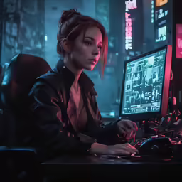 a woman using a laptop in front of a computer screen