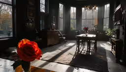 a table with chairs in front of windows near a rose