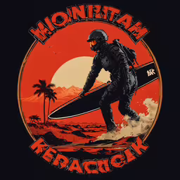 a poster featuring a person carrying a surfboard on the beach,a black shirt has a red and orange sun design