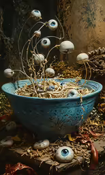 a bowl full of fake eggs next to a tree with fake eyes