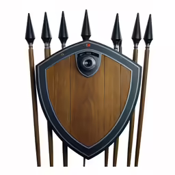 this is a shield shaped device with spikes and wooden boards