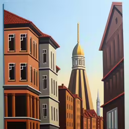 a painting of a tall building next to some houses,an image of an old city with some buildings