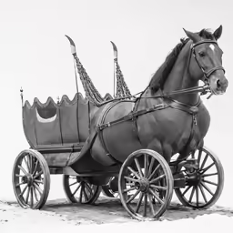 a large horse pulling a wagon with two passengers