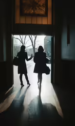 two people walking into a dark hallway together