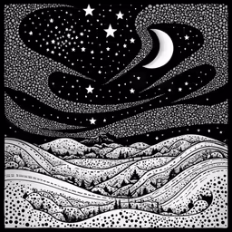 the moon and stars are in a night sky with mountains and trees