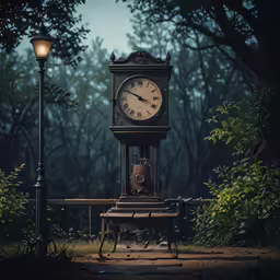 a small clock sitting on top of a wooden bench next to a lamp post