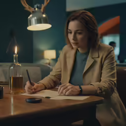 woman sitting at the table writing while holding a pen in hand