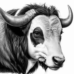 a bull with large horns looking to its left