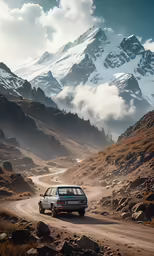 the old car is driving on a dirt road in front of snowy mountains