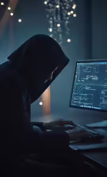 the hood is over his head while working on a computer