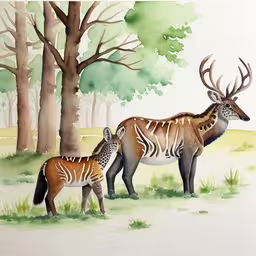 an adult deer standing next to a small baby deer in a forest