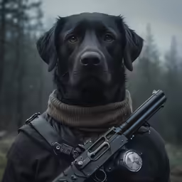 a dog that is wearing a gun that is not in use