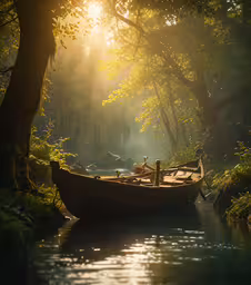 a boat floats through a calm river surrounded by trees,a long row boat traveling along a river