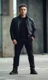 a man in a black shirt standing next to a sidewalk