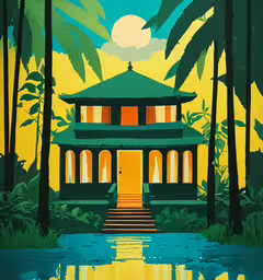 a painting of an ornate pagoda in the woods with a stream under it,a digital painting of an old house with its reflection