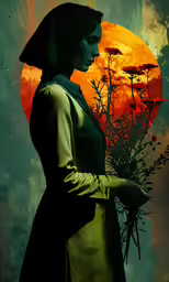a woman in a green dress holding a plant