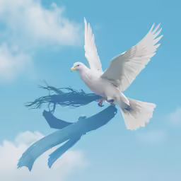 a dove flying through the blue sky with its wings spread