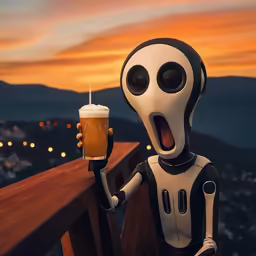 the robot holding a glass of beer is on top of a balcony overlooking a city