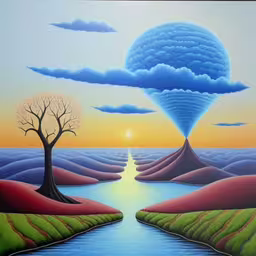 this painting depicts an abstract landscape with mountains, a stream and a tree,a painting that looks like a surreal landscape with water and trees,the painting is in color blue, pink, green and white,a painting on canvas with an abstract sky and water,a surreal painting of a sun rising over trees with a pond at the center