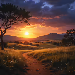 the sun rises over a field as a trail runs through