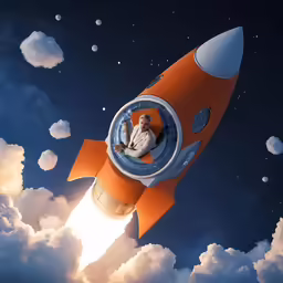 an orange rocket ship with a man sitting in the cockpit and a sky full of clouds below