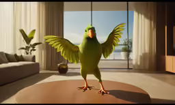 green parrot sitting on top of a table near a couch