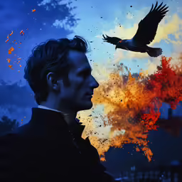 a man standing in front of a bird flying above him
