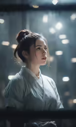 a woman in white dress with hair tied back