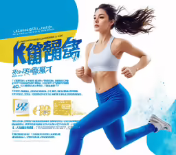 a woman running in blue pants with an advertisement for a health and weight loss supplement