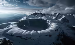 an outdoor crater surrounded by mountains is under a cloudy sky