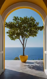 a large potted tree sitting on the ground with an arch leading to the ocean