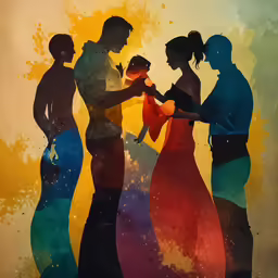 a couple is touching each other and standing near the other