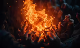 a crowd of people surrounding a fire with their hands out