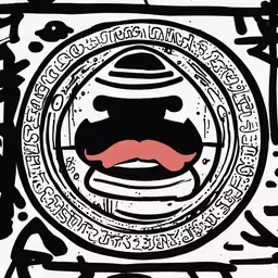 the black and white drawing shows a man in a helmet with a red nose,a poster with an image of a donut in the center
