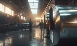 some people are walking on a wet floor in the middle of a train station