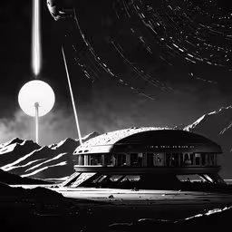 a distant object is flying over a building,an artistic photo of a distant landscape with mountains in the background