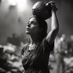 a woman standing up holding a baseball hat on top of her head