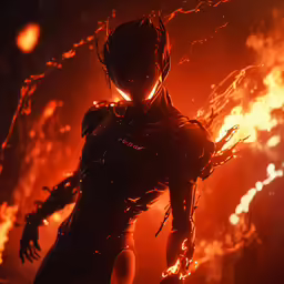 a robot in flames walking with glowing eyes