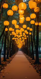 there are hundreds of lanterns lined up down the path