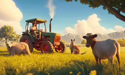 three animals standing in the grass with an old fashioned tractor and two goats