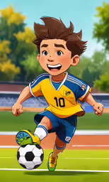 a cartoon boy kicking a soccer ball on a field,a drawing of a kid kicking a soccer ball