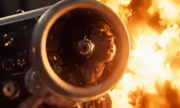 a woman with headphones is shown through a flame