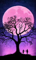 two people are walking underneath a tree under the moon