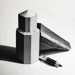 a black and white photo of a pen and a piece of architecture