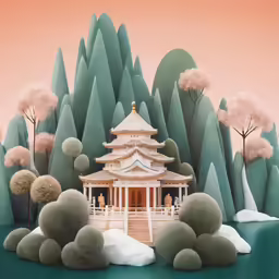 a chinese pagoda in front of trees and snow