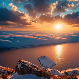 some rocks a hill a body of water and clouds