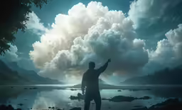 a man is standing on the shore with his hand up to the sky